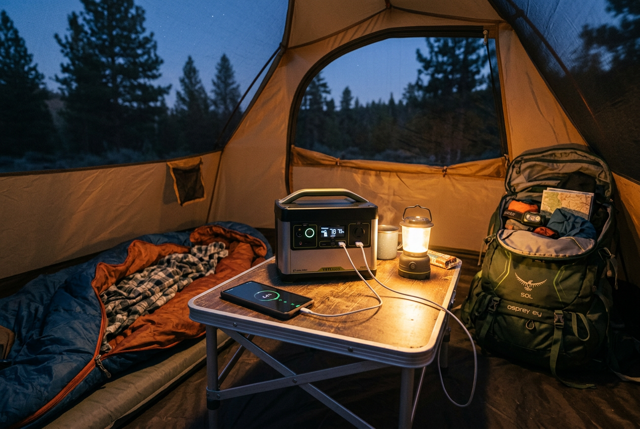 Small power station charging phone and lantern in tent
