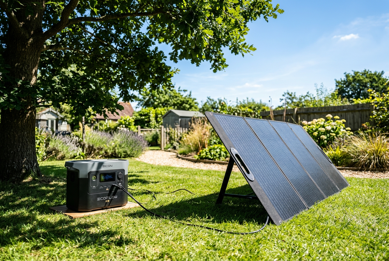 Folding solar panel charging power station in sunny yard