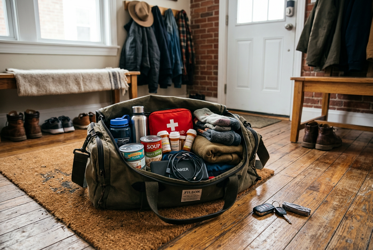 Open emergency go-kit with water, food, and supplies packed