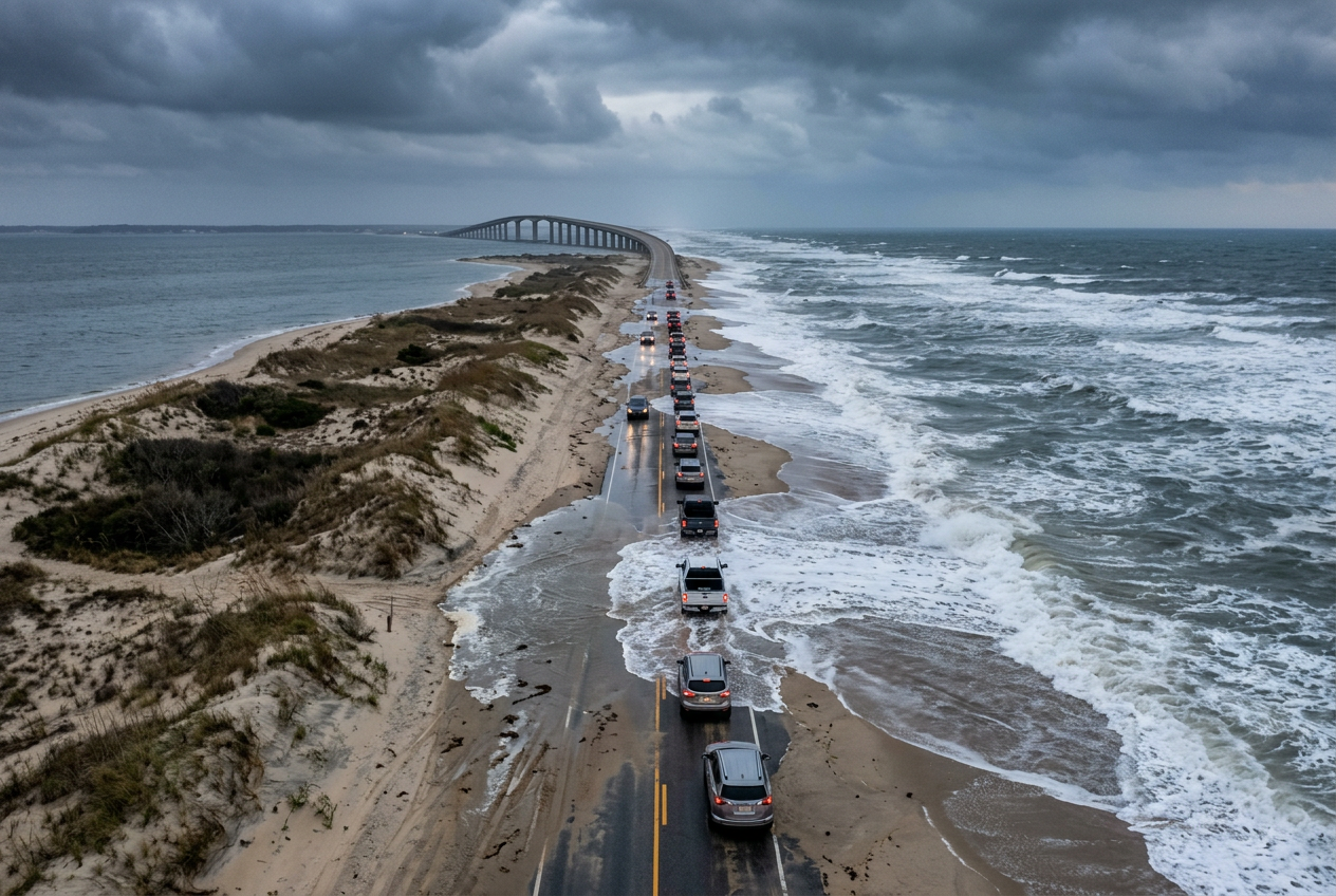 Narrow coastal highway with overwash and evacuating cars toward bridge