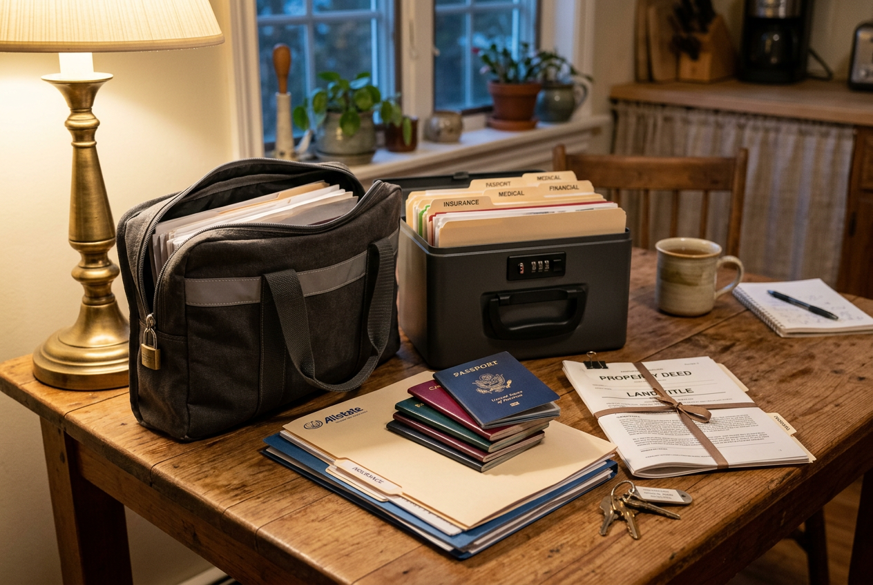 Document bag and lockable organizer with passports and papers