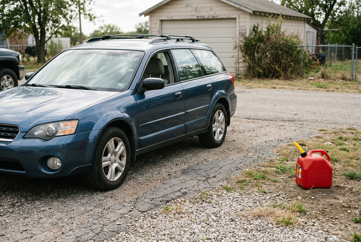 Car and approved fuel container in driveway for evacuation