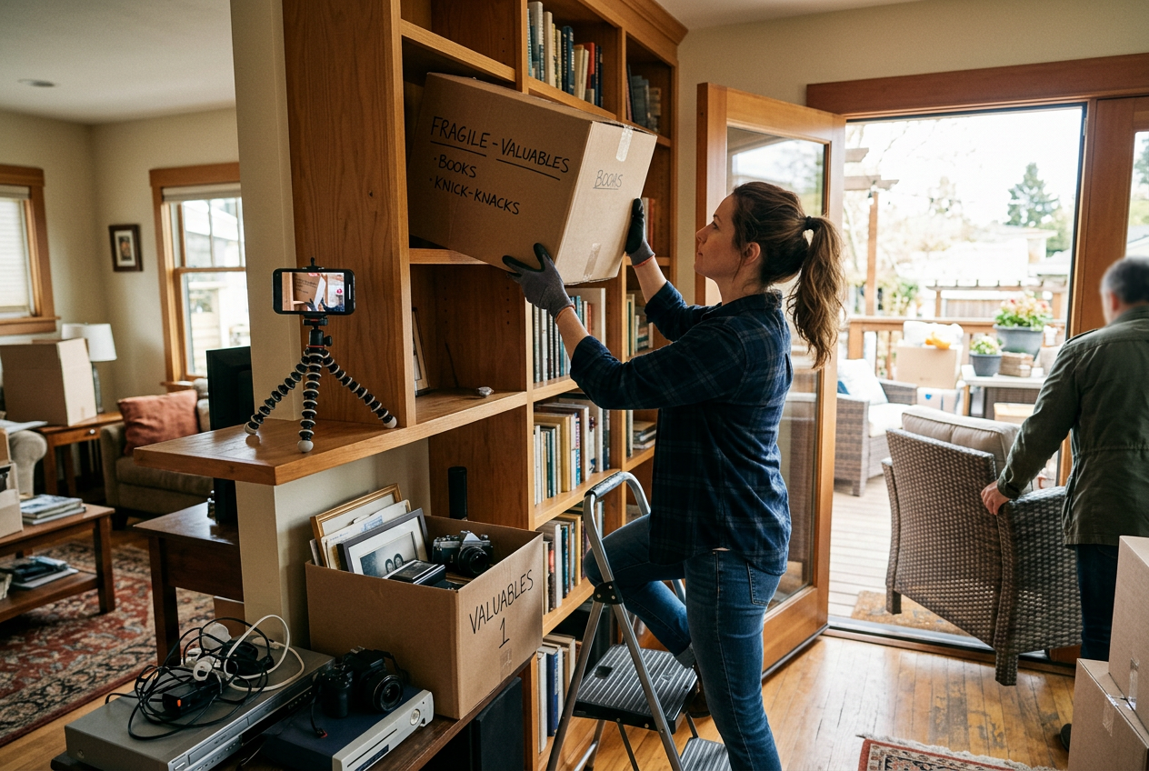 Person securing home valuables and photographing rooms before leaving