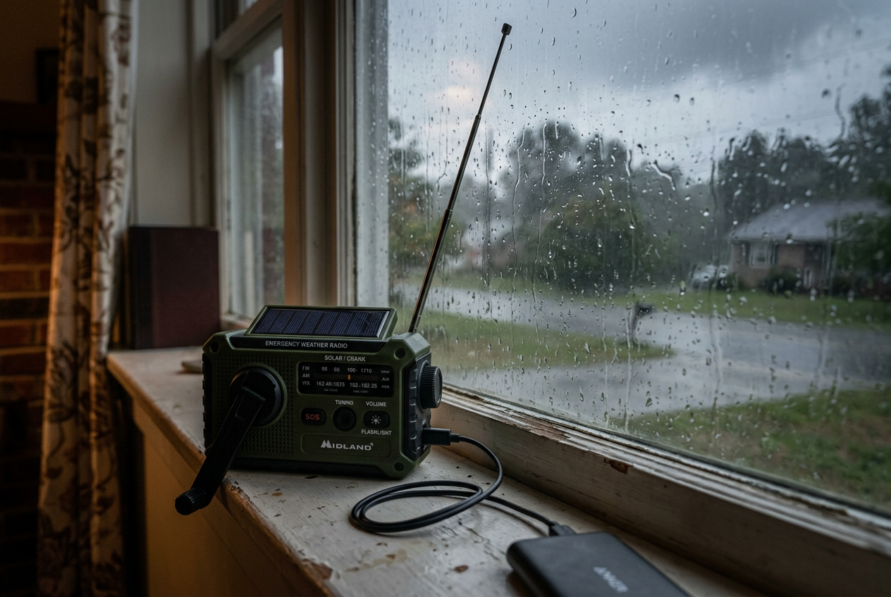 Hand-crank solar weather radio charging phone on rainy windowsill