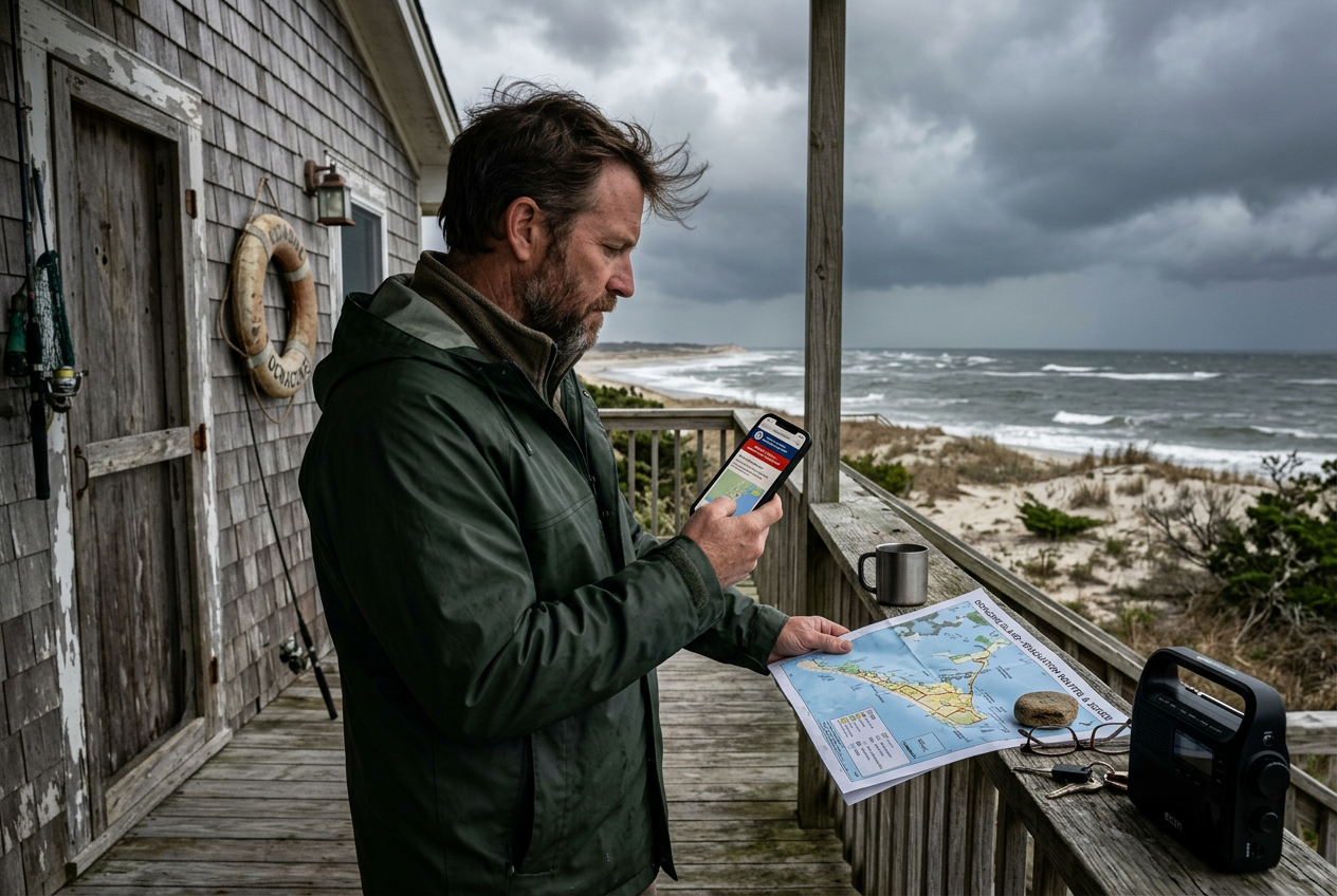 Person reading evacuation order on phone with island map outdoors