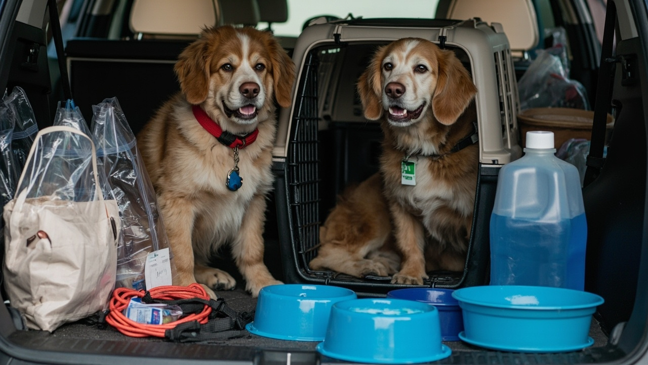 Dog and cat with emergency supplies: carrier, food, water bowls, first aid kit, and identification tags