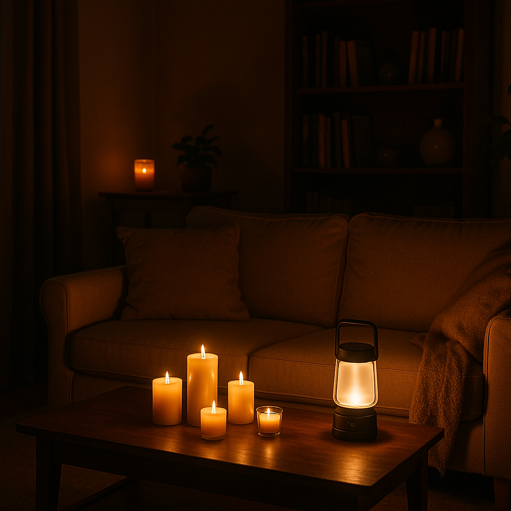 Candles, flashlight, and emergency radio on a table during a power outage