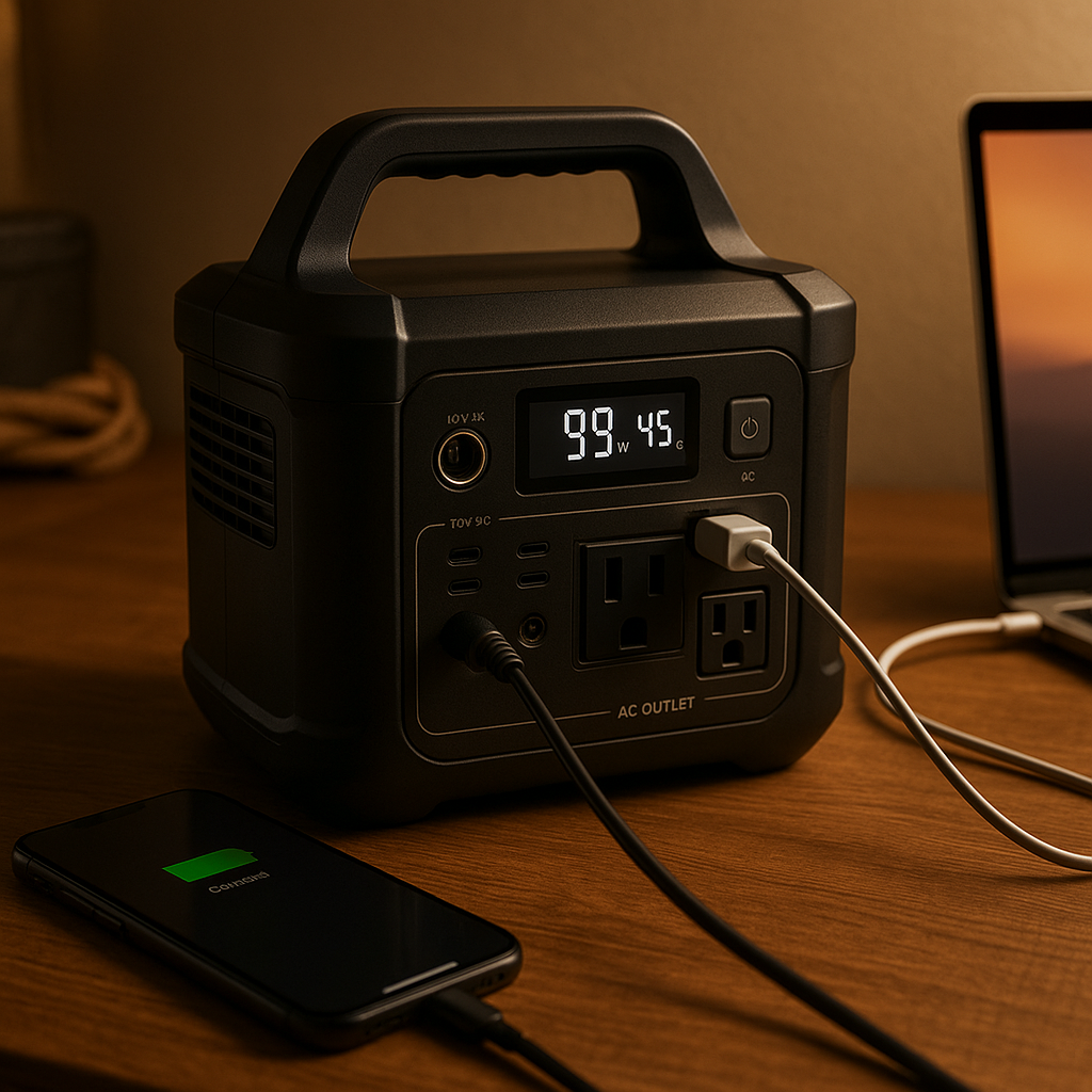 Portable power station with AC outlets, USB ports, and solar panel setup