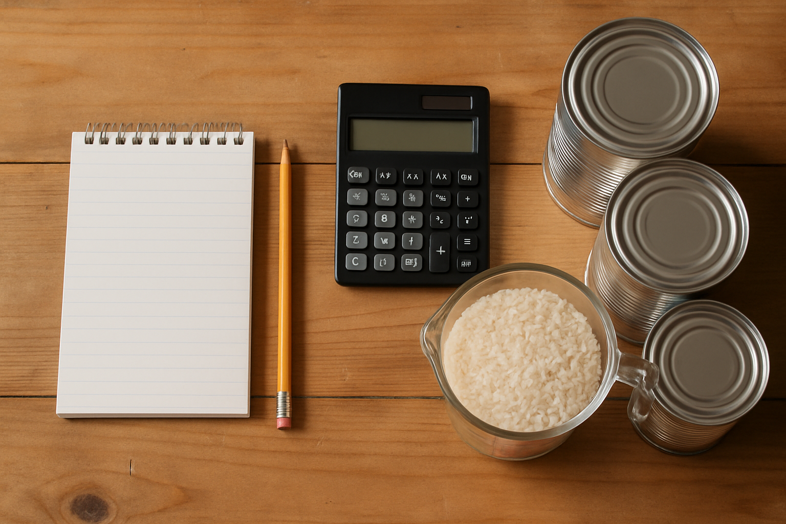 Overhead view of planning notepad, calculator, and canned goods