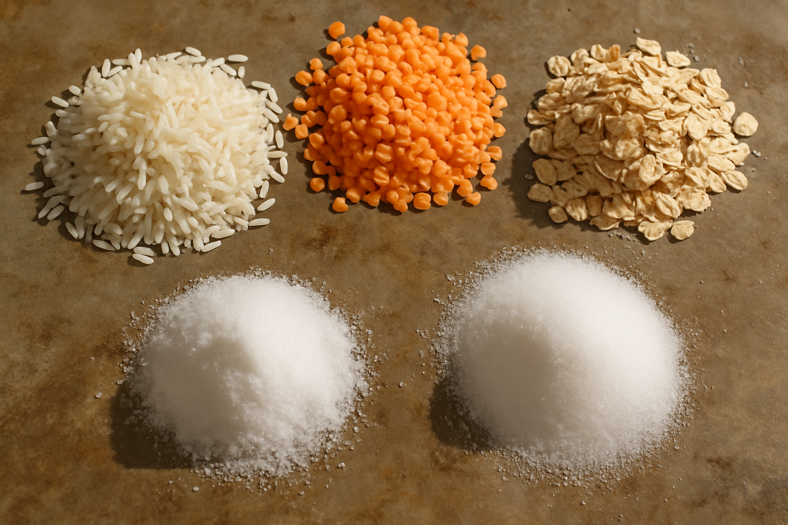 Flat-lay of rice, lentils, oats, salt, and sugar