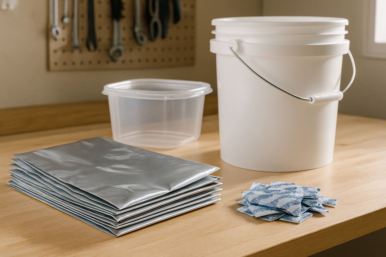 Workbench with mylar bags, oxygen absorbers, and storage buckets