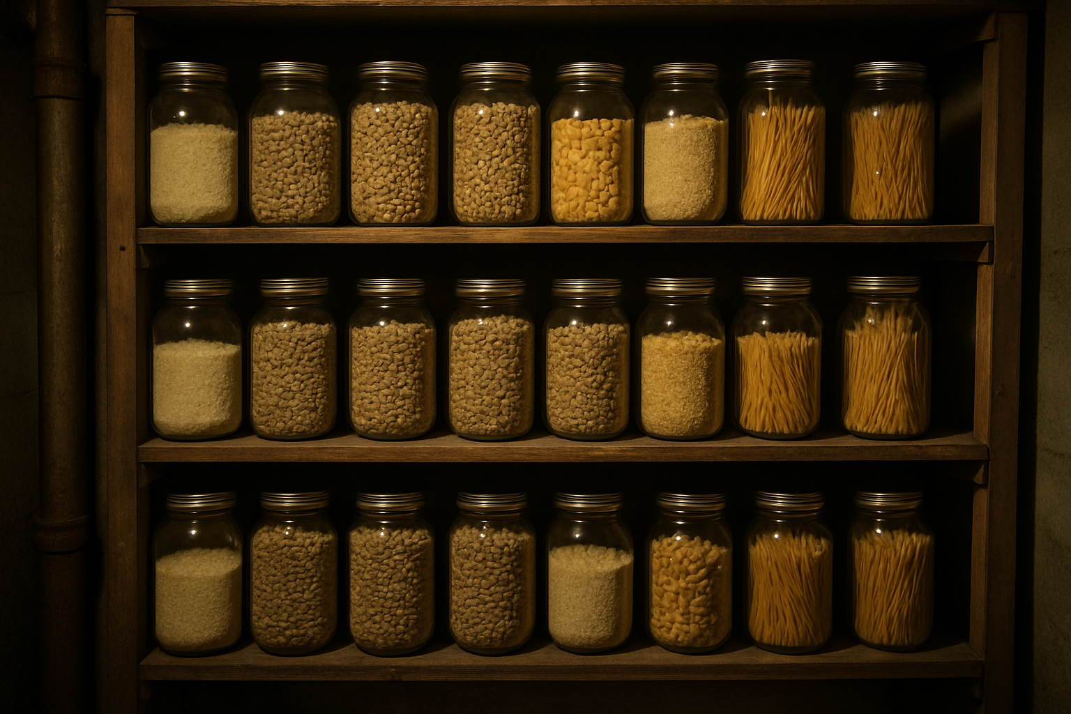 Basement shelves stocked with jars of dried staple foods