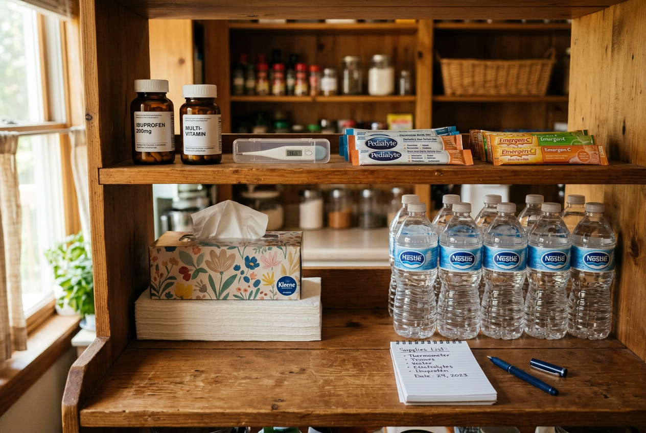 Organized home shelf with thermometer, medicine, and water supplies