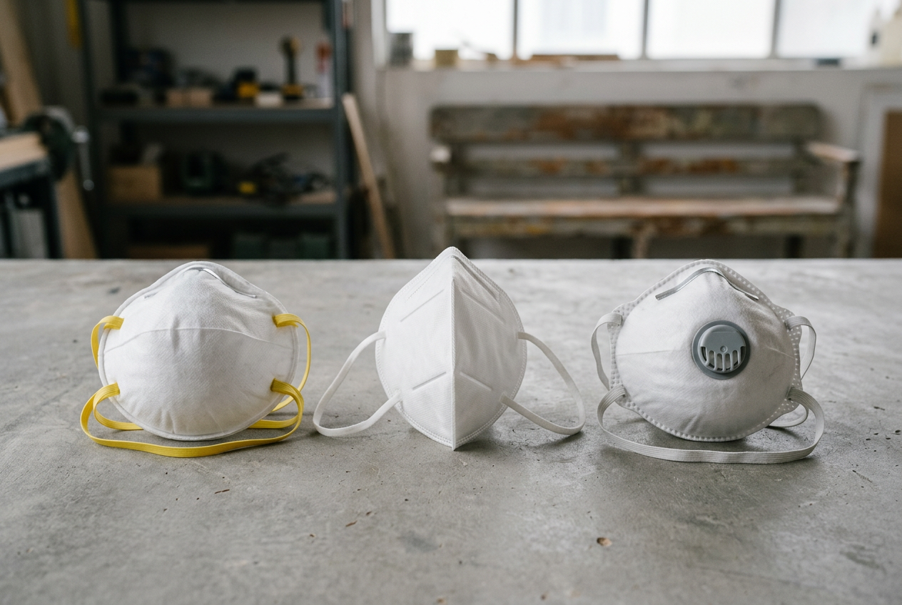 Three respirator styles lined up on gray surface