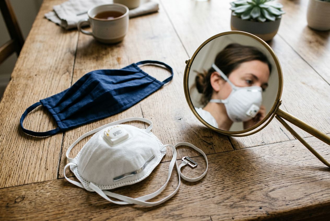 Cloth mask and white respirator arranged on wooden table