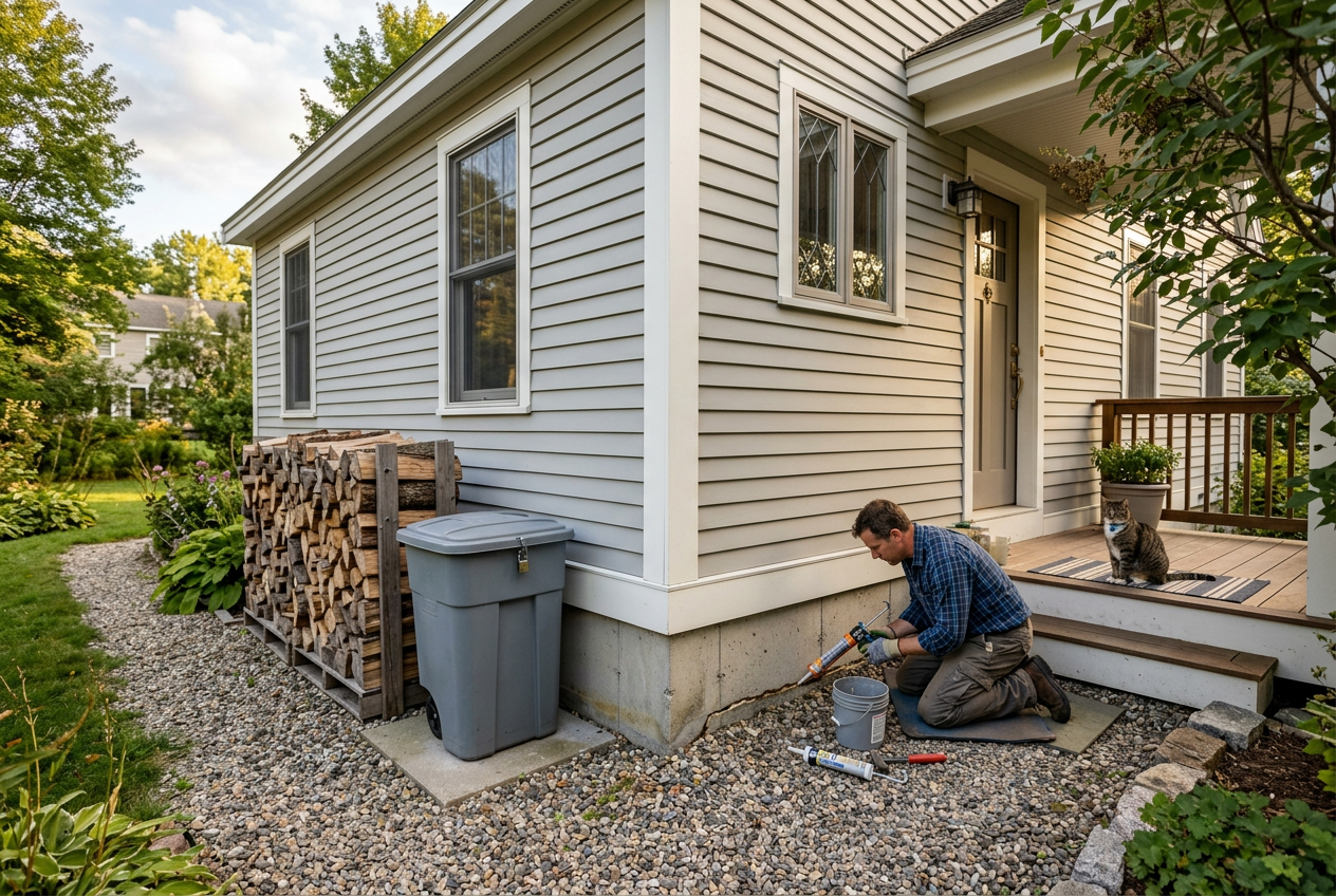 Person sealing foundation gap near secured bin and woodpile