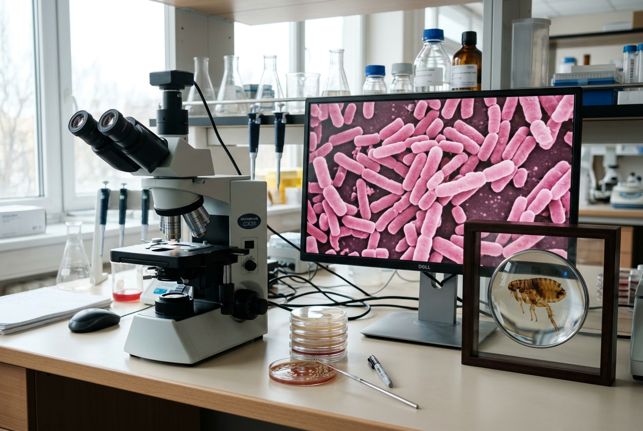 Microscope and petri dish with magnified bacteria illustration on screen