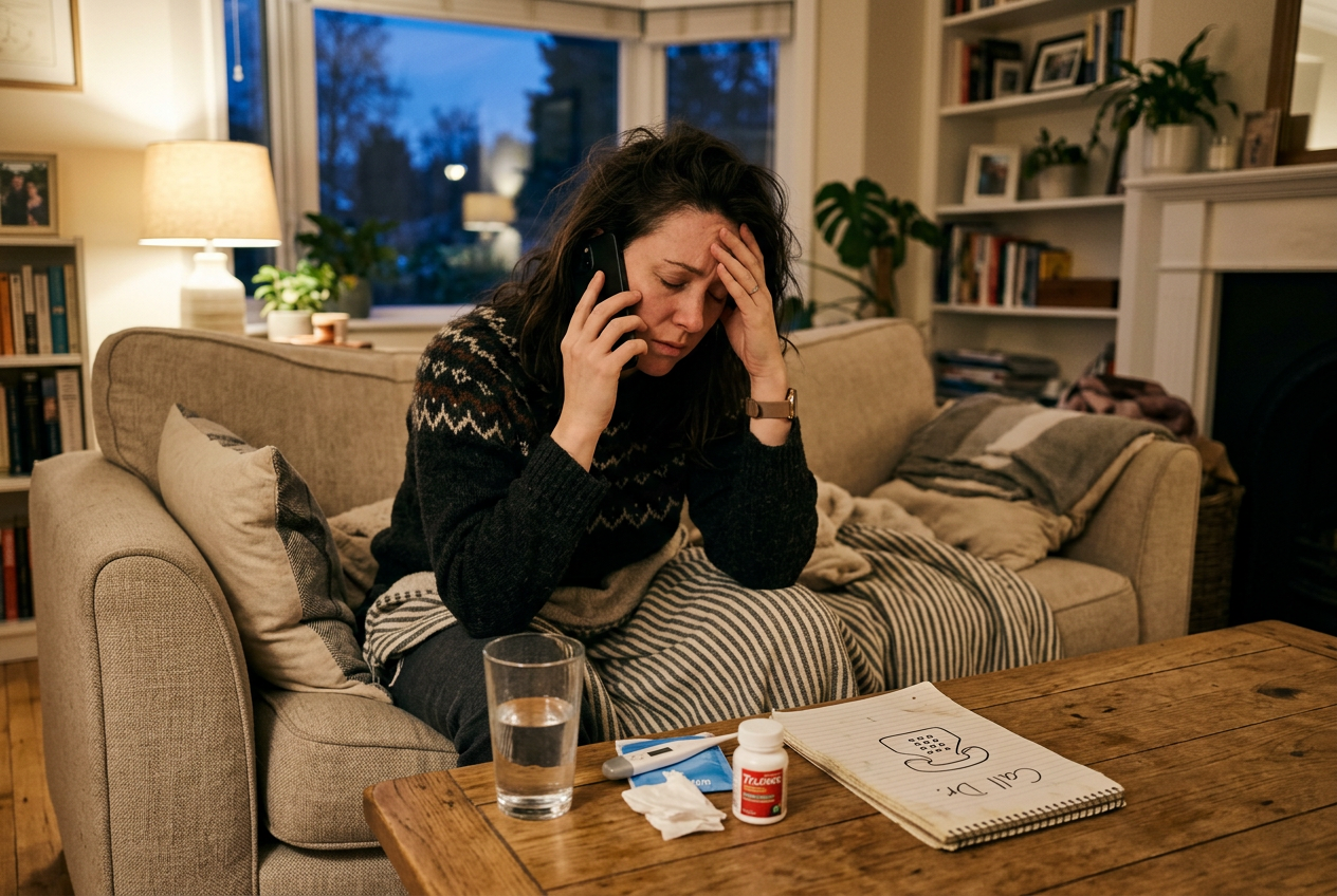 Person on couch making phone call with thermometer nearby