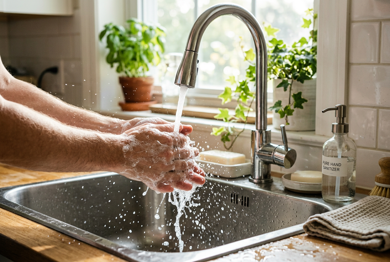 Hands lathering soap under running faucet with sanitizer nearby