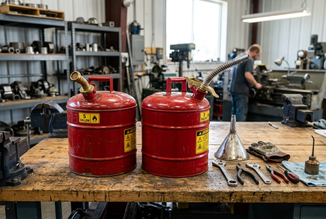 Two metal safety fuel cans compared on workbench