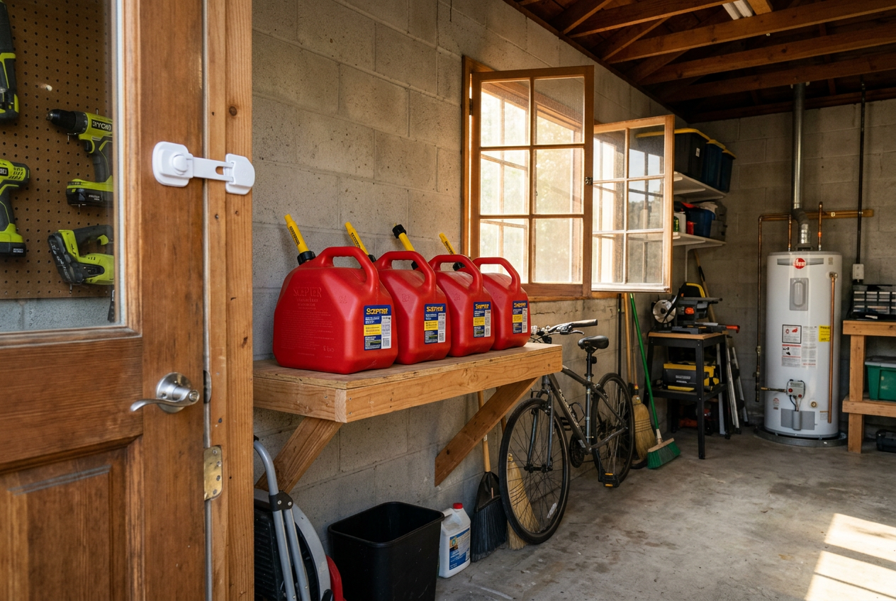 Fuel cans stored on shelf in ventilated garage corner