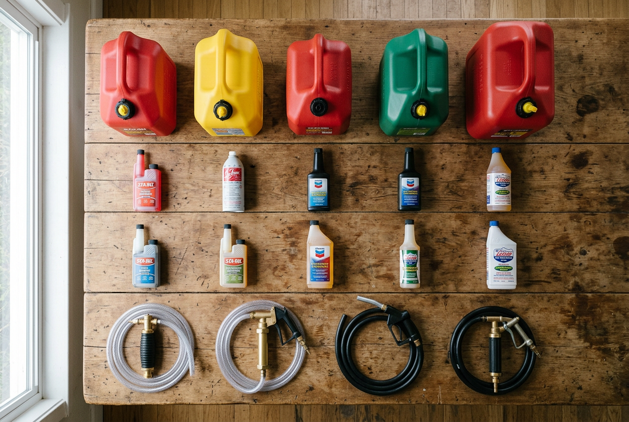 Overhead grid of fuel cans, stabilizers, and pumps
