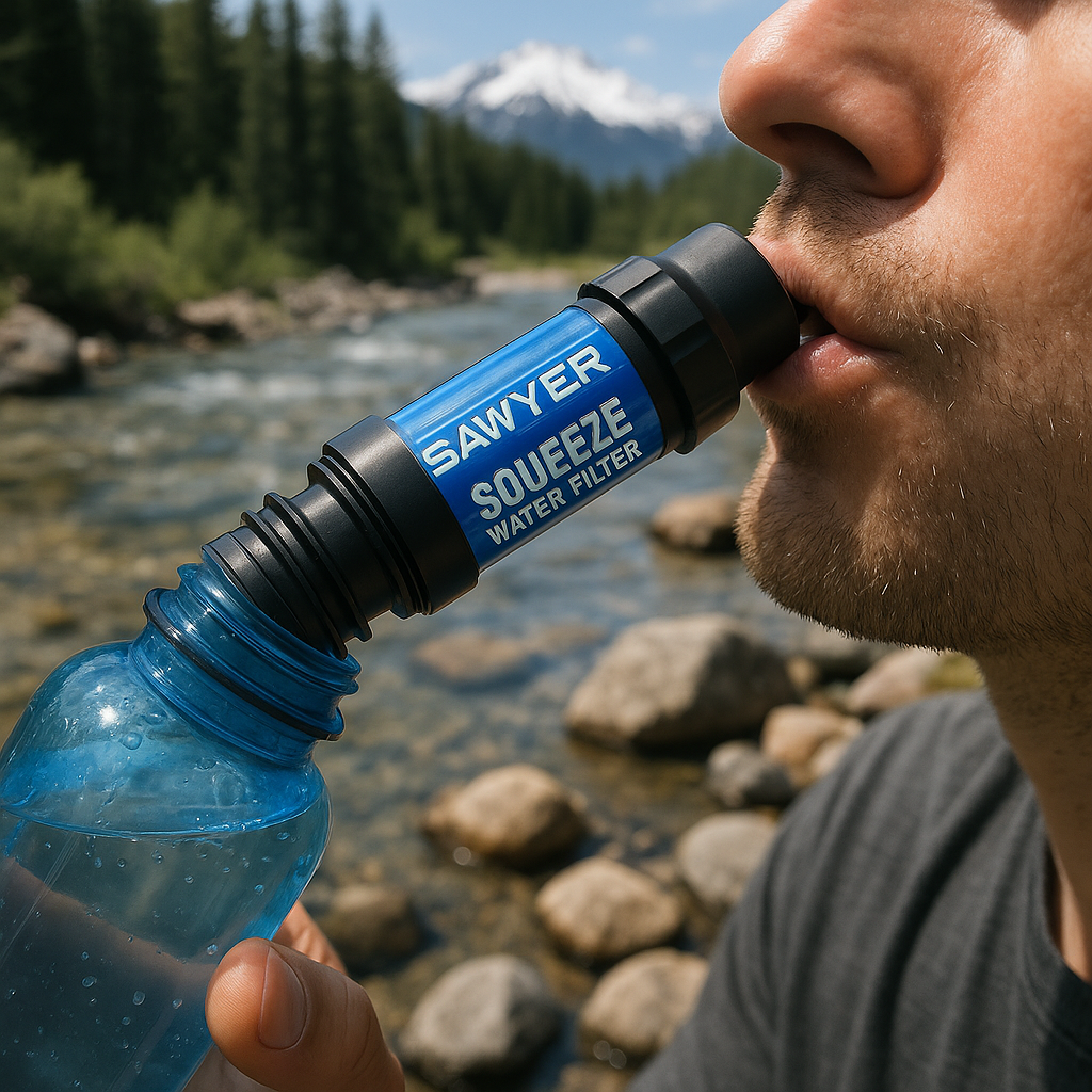 Sawyer Squeeze water filter attached to a squeeze bag, being used to drink filtered water in a forest setting