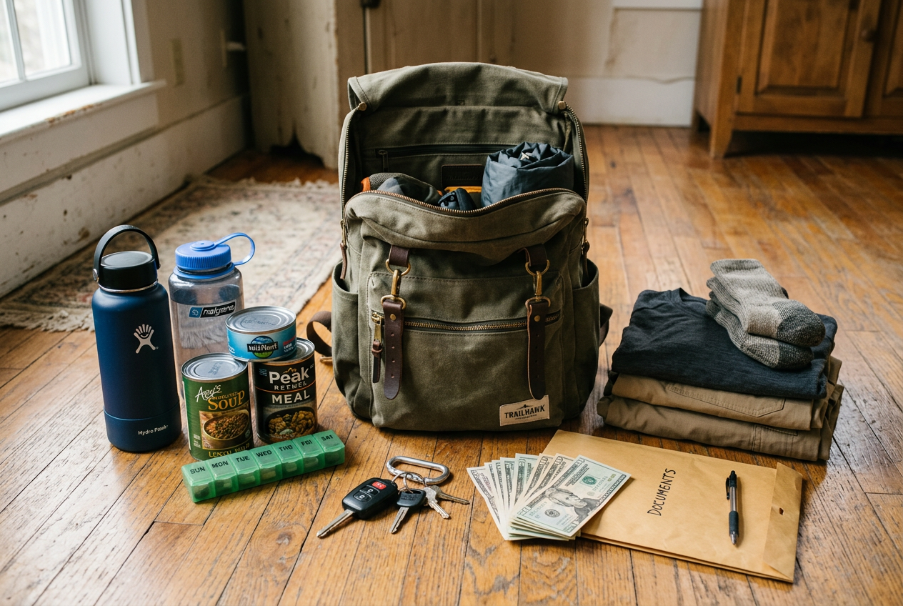 Open backpack surrounded by emergency supplies on wooden floor