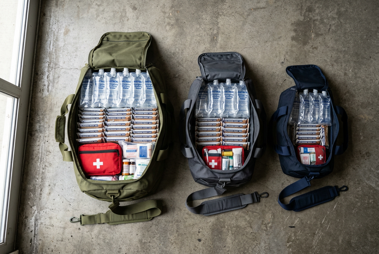 Three unzipped kit bags shown from above for comparison
