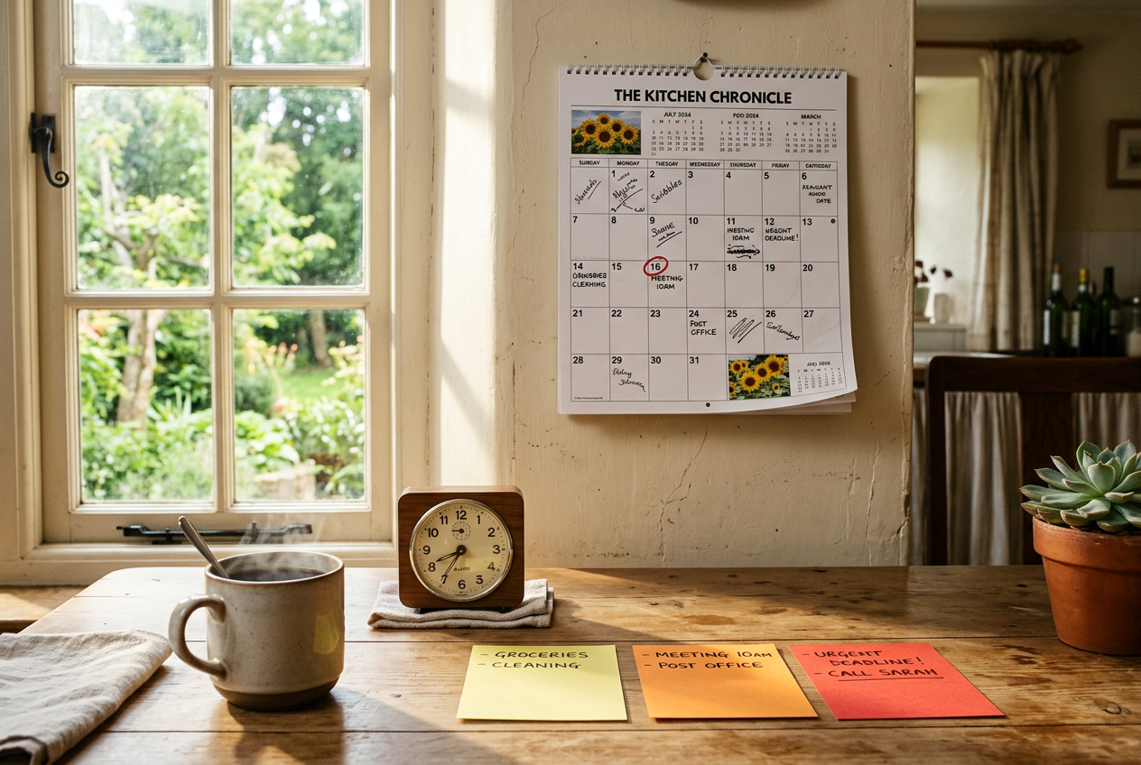 Three color-coded alert cards on a kitchen table