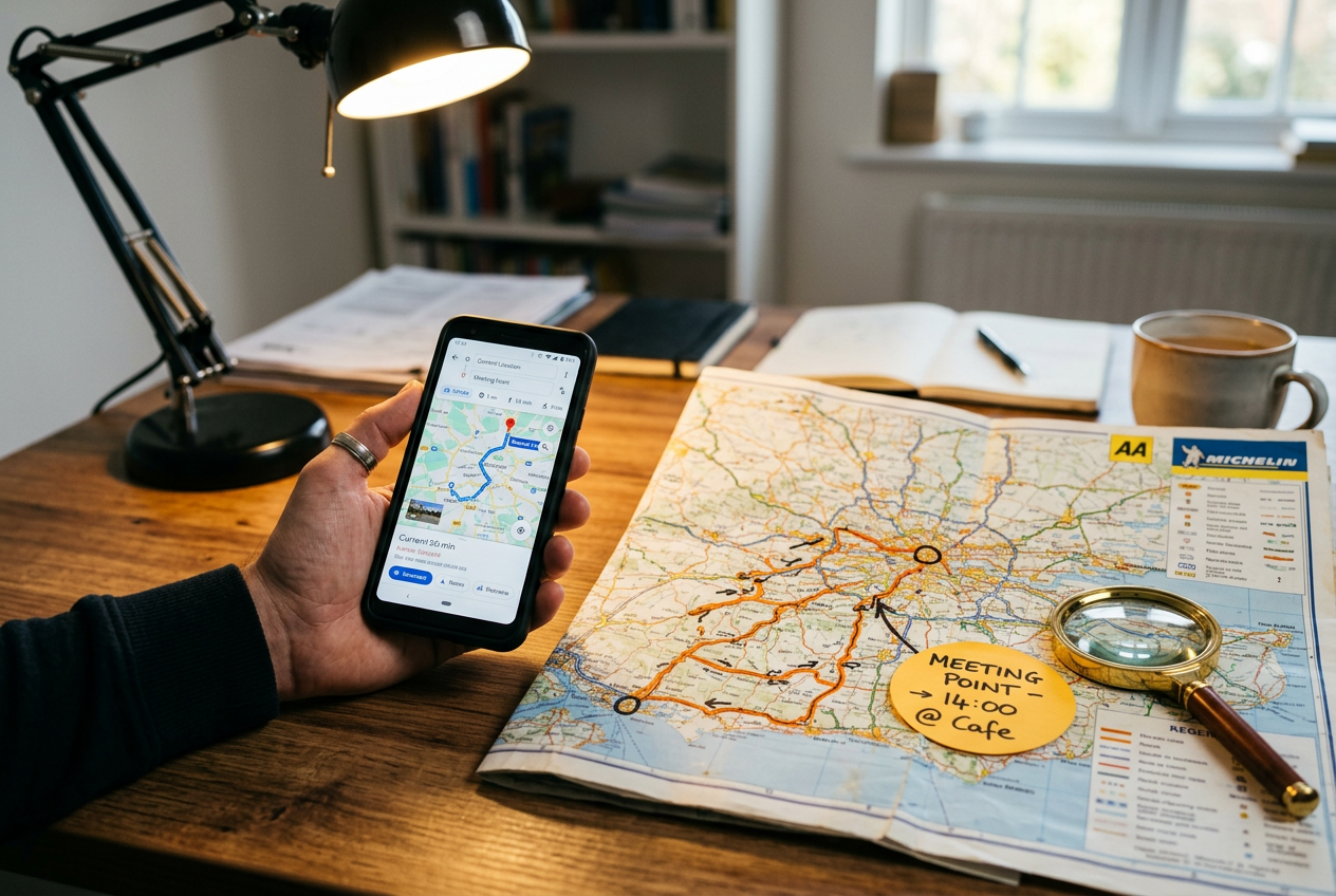 Phone and paper map showing two highlighted evacuation routes