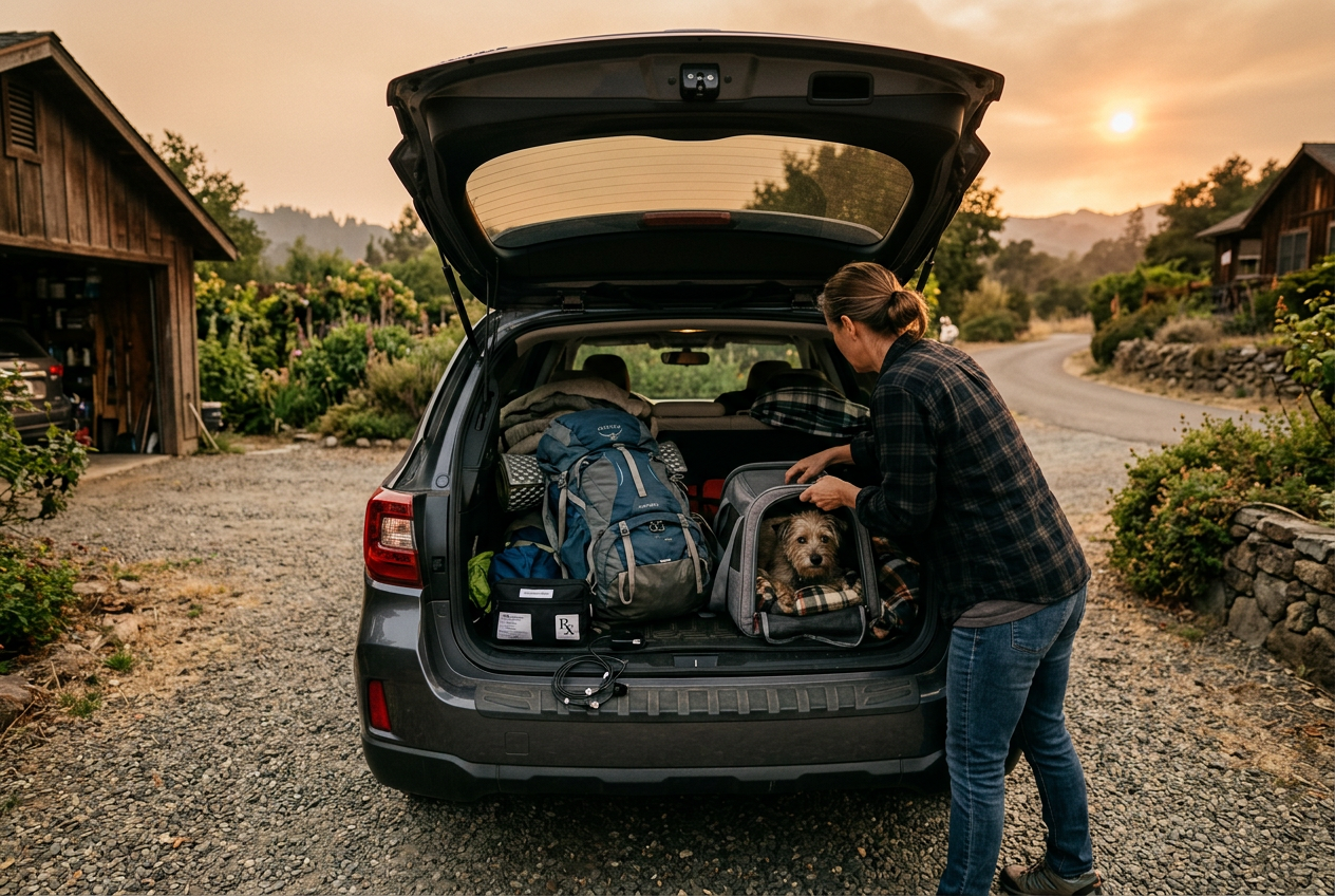 Loading go bag and pet carrier into car trunk