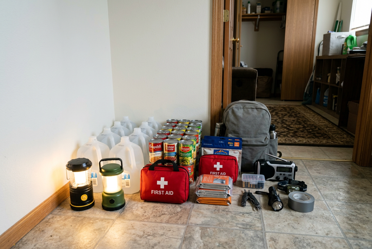Emergency kit with water, food, first aid, and lanterns