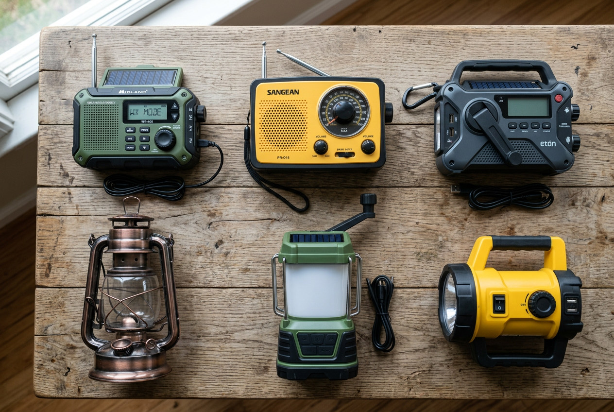 Overhead flat-lay comparing weather radios and emergency lanterns