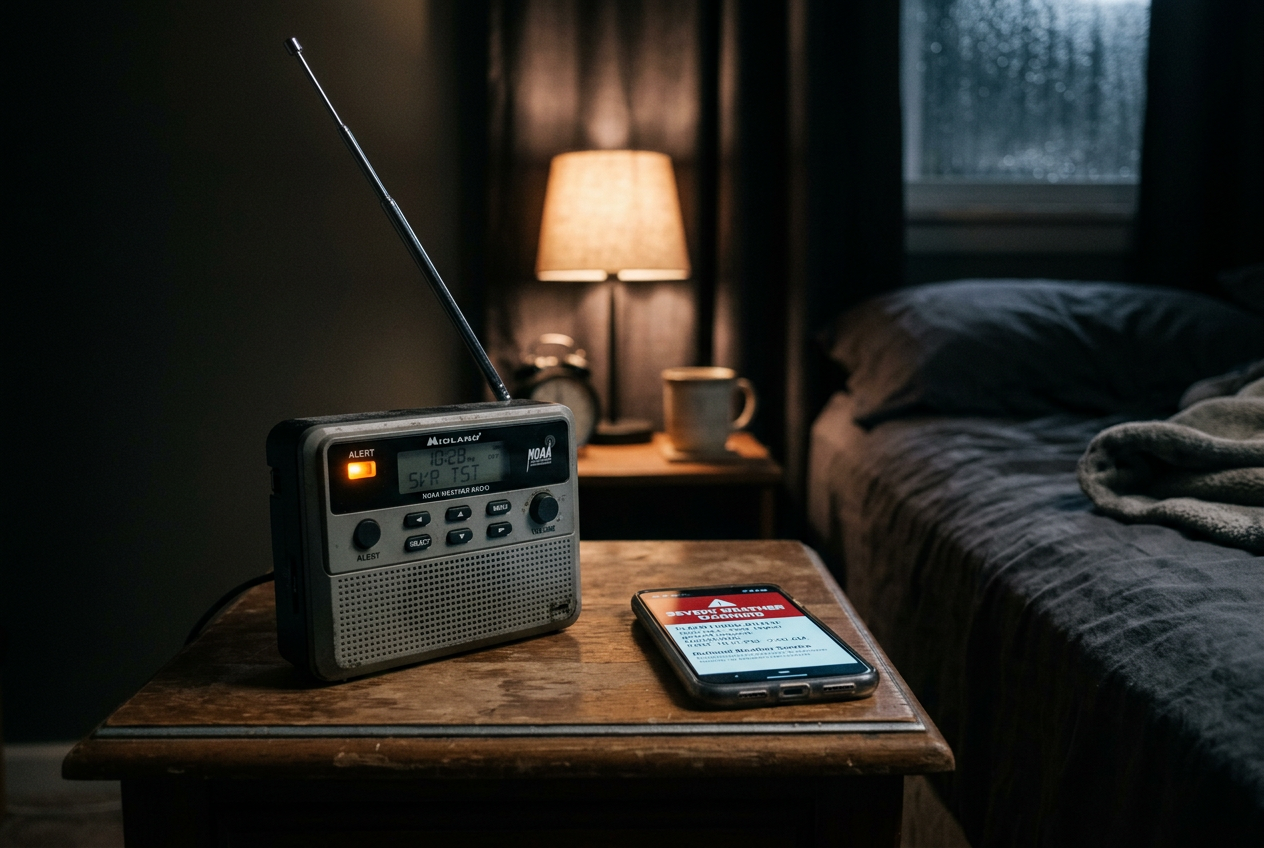 Weather radio and alerting smartphone on dim nightstand