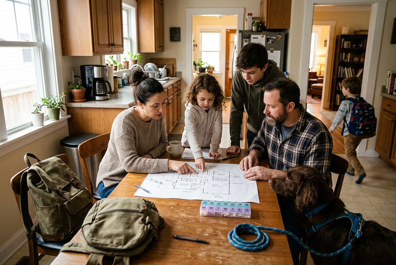 Family reviewing floor plan with pet and medications nearby