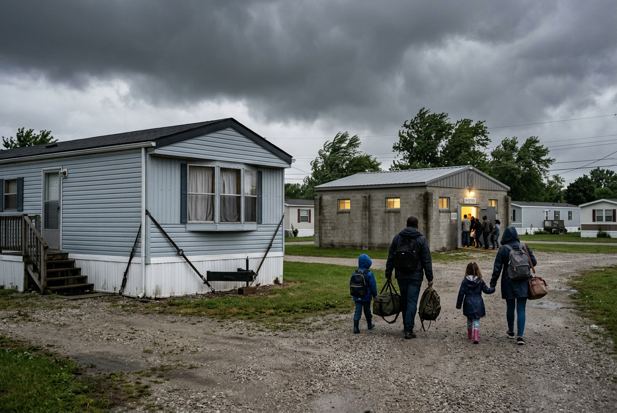 Family leaving manufactured home for sturdy concrete shelter building