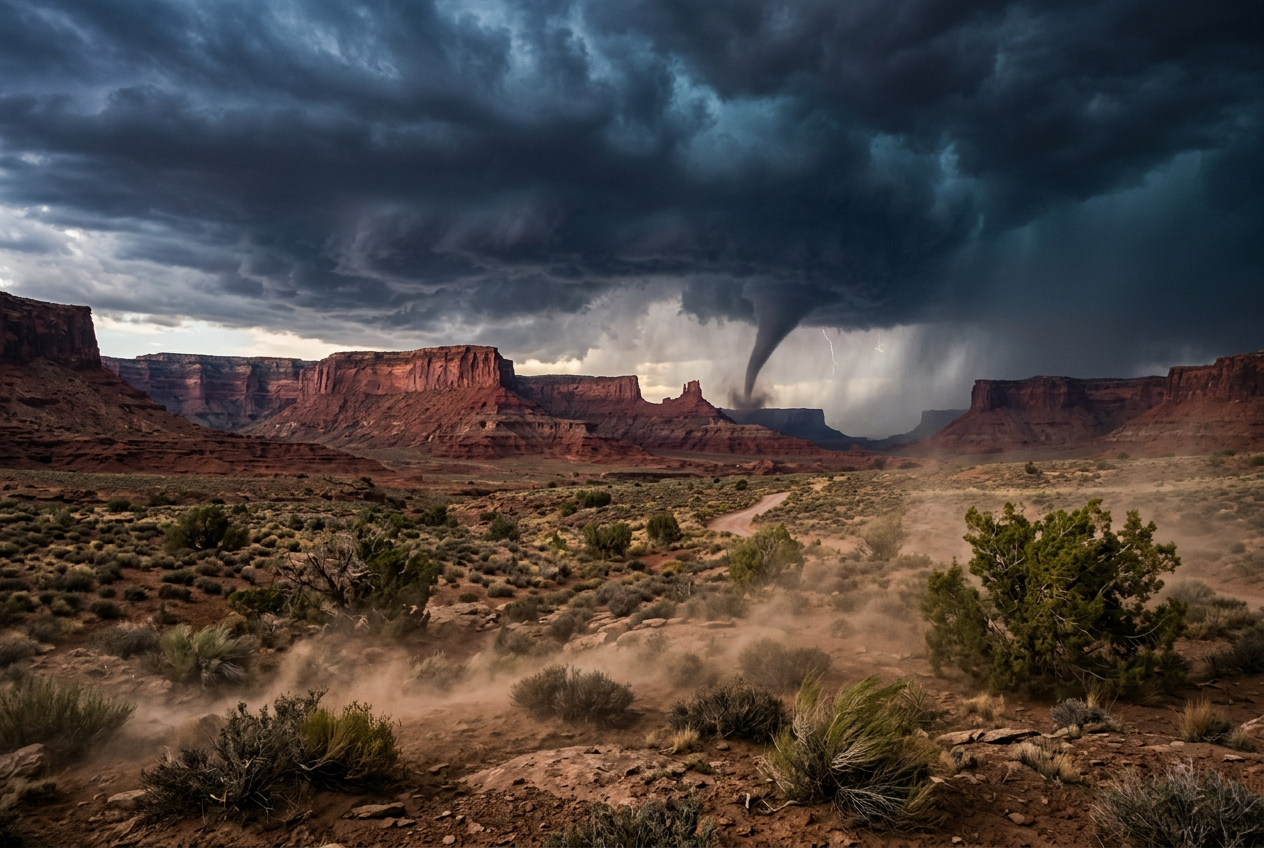 Dark storm clouds and distant funnel over desert mesas