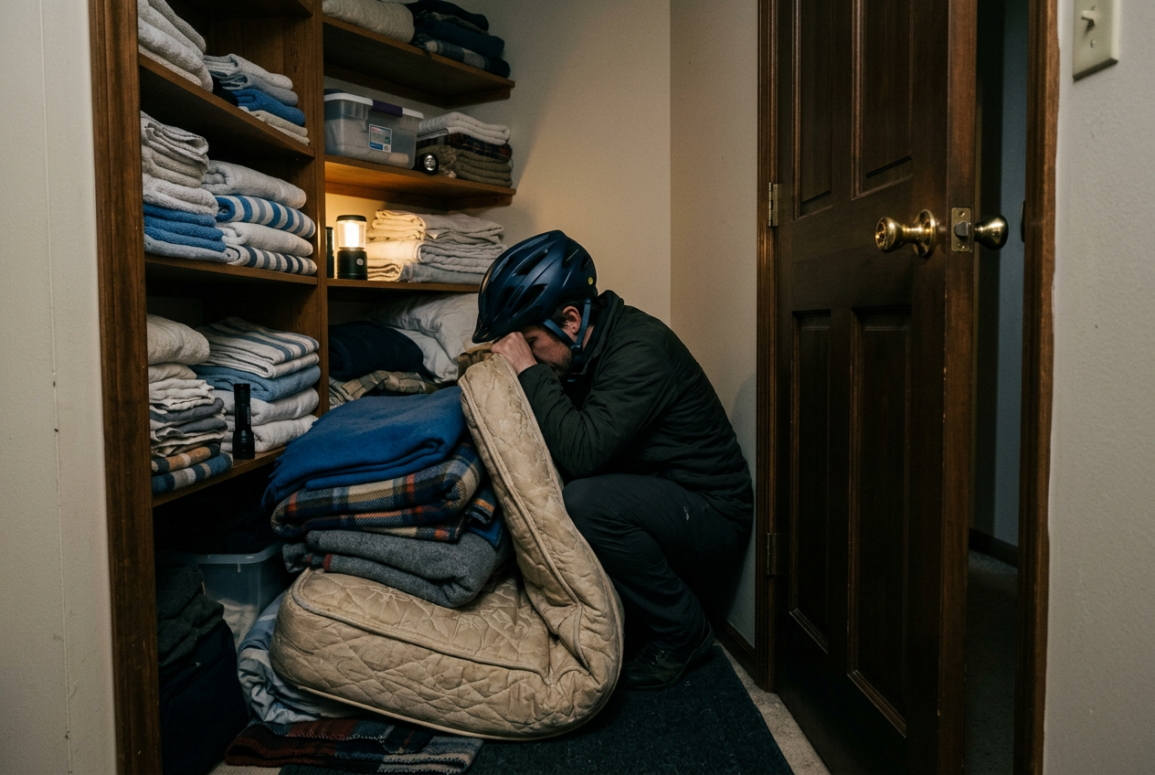 Person sheltering under mattress and helmet in interior closet