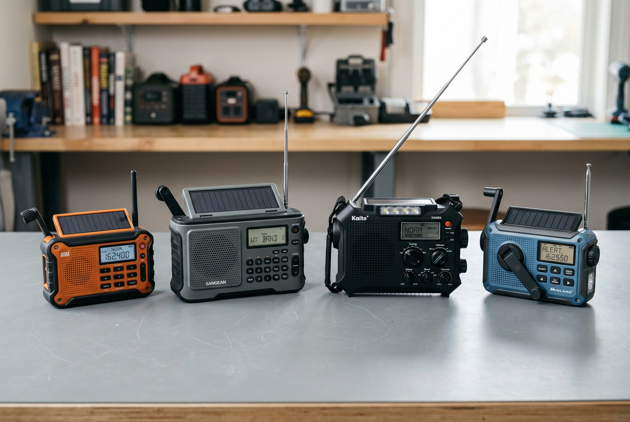 Four weather radios lined up for feature comparison