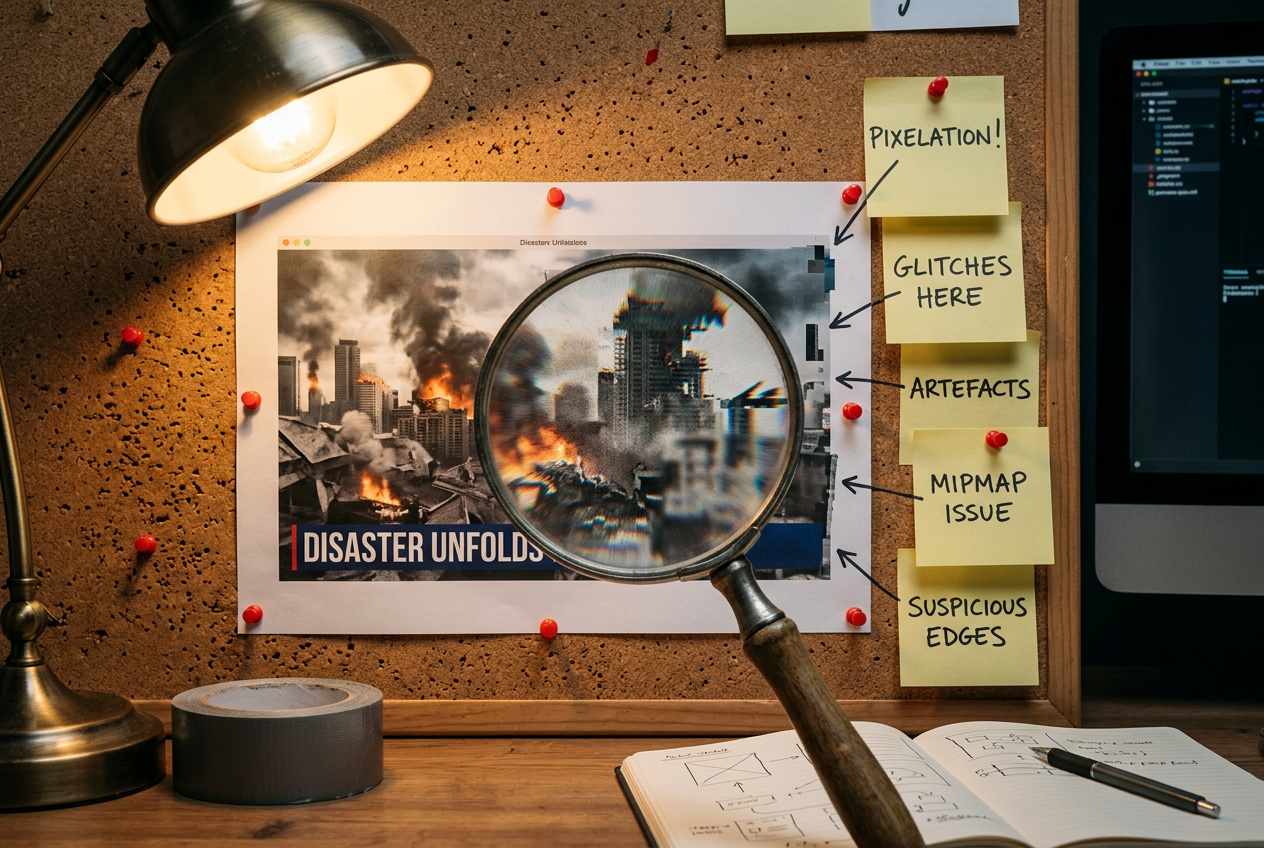 Magnifying glass over fake alert screenshot showing image glitches