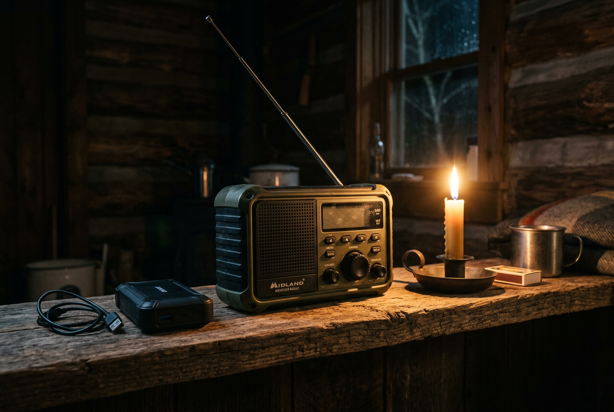 Weather radio with antenna on shelf during power outage