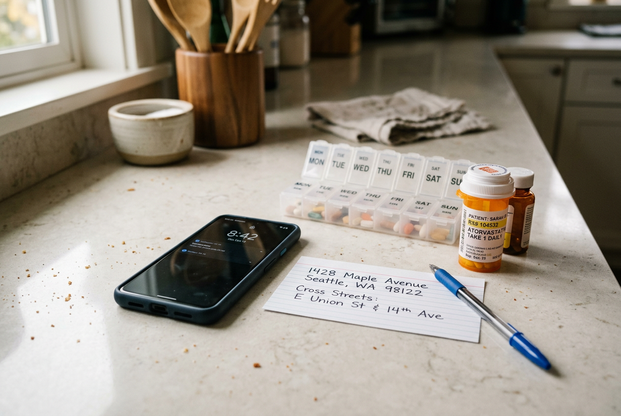 Phone next to card with address and medication details on counter