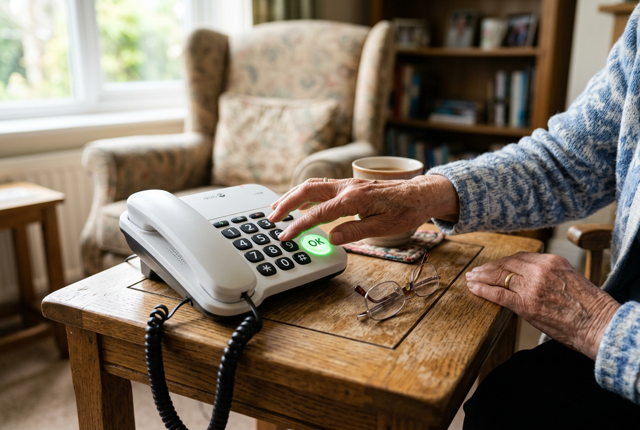 Senior hands pressing large button phone with oversized numbers
