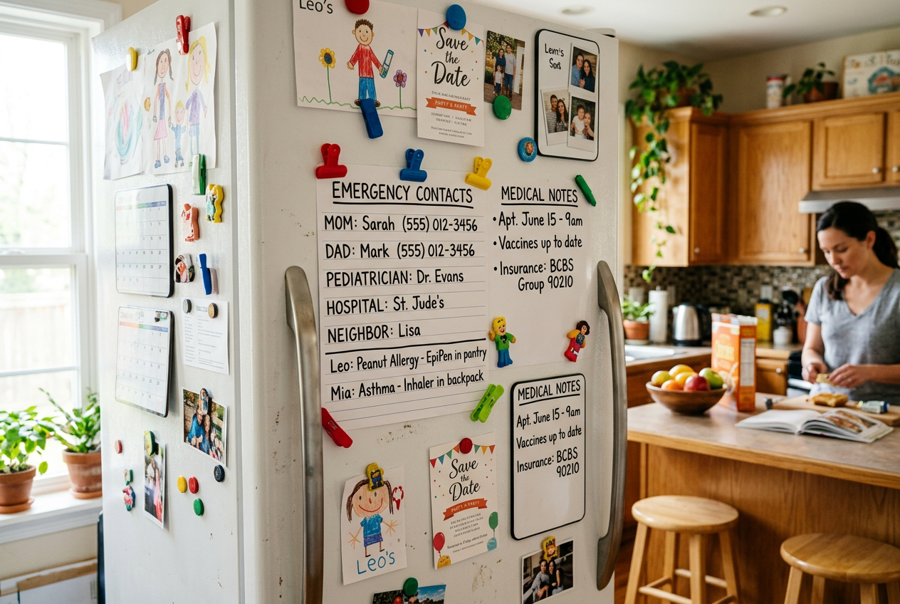 Refrigerator with emergency contact list held by colorful magnets