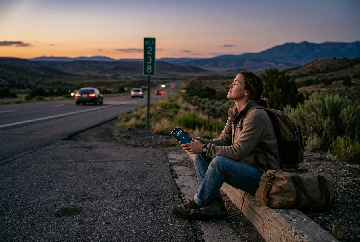 Person on curb breathing calmly holding GPS phone near highway