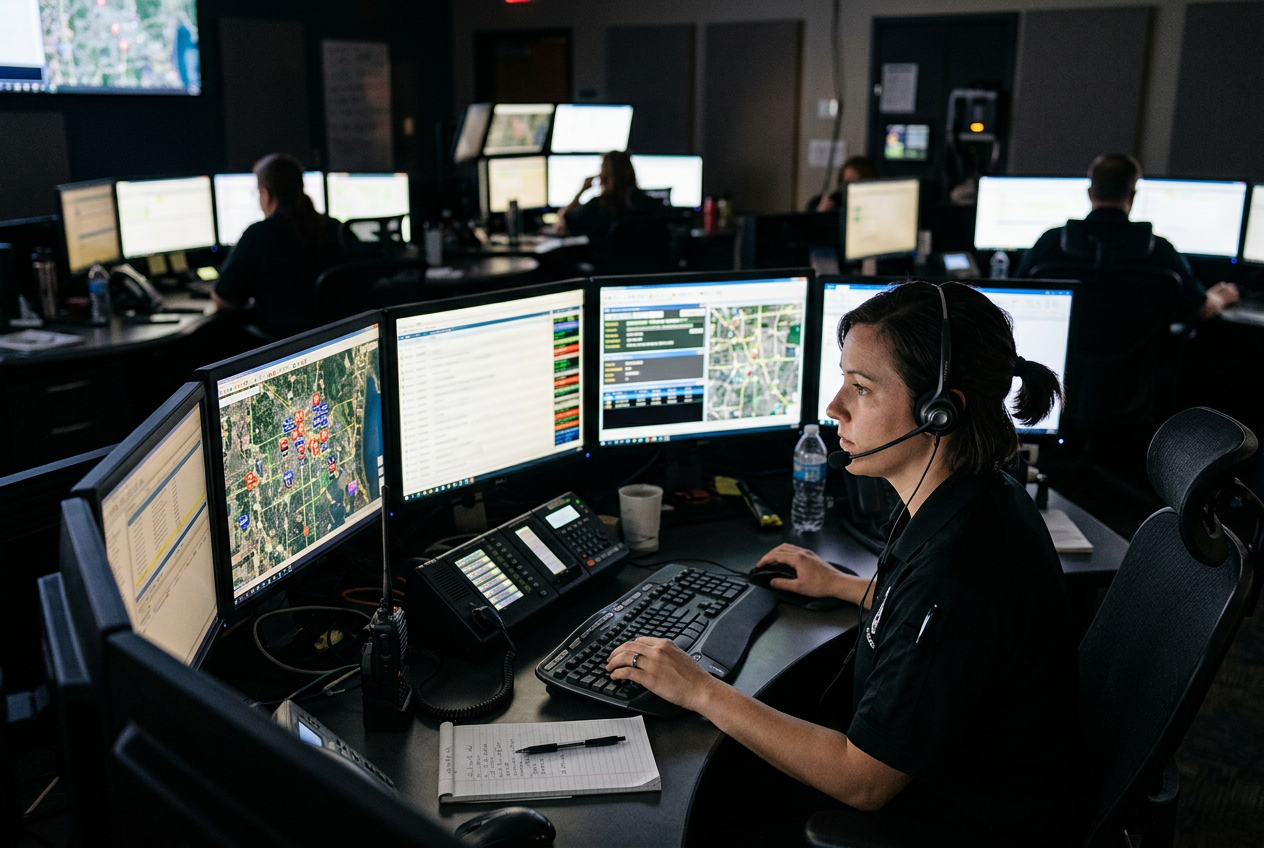 Dispatcher in headset working at multi-monitor emergency call center desk
