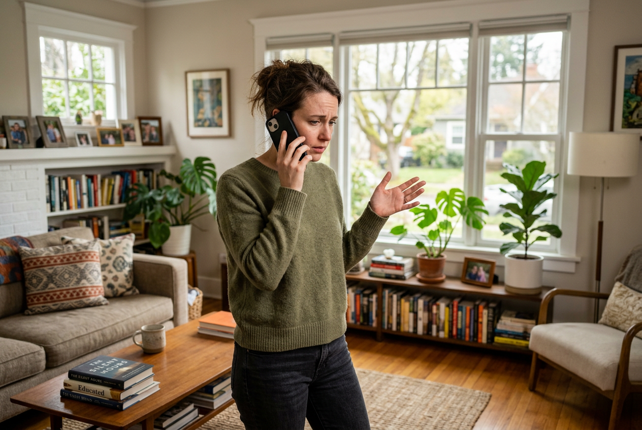 Woman on phone speaking calmly in sunlit living room