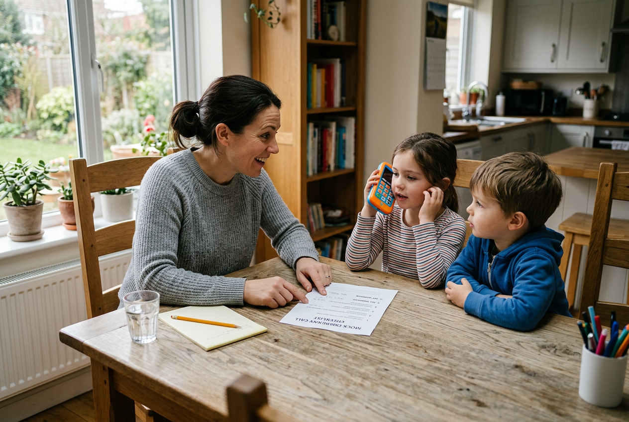 Family practicing mock emergency call with checklist at dining table