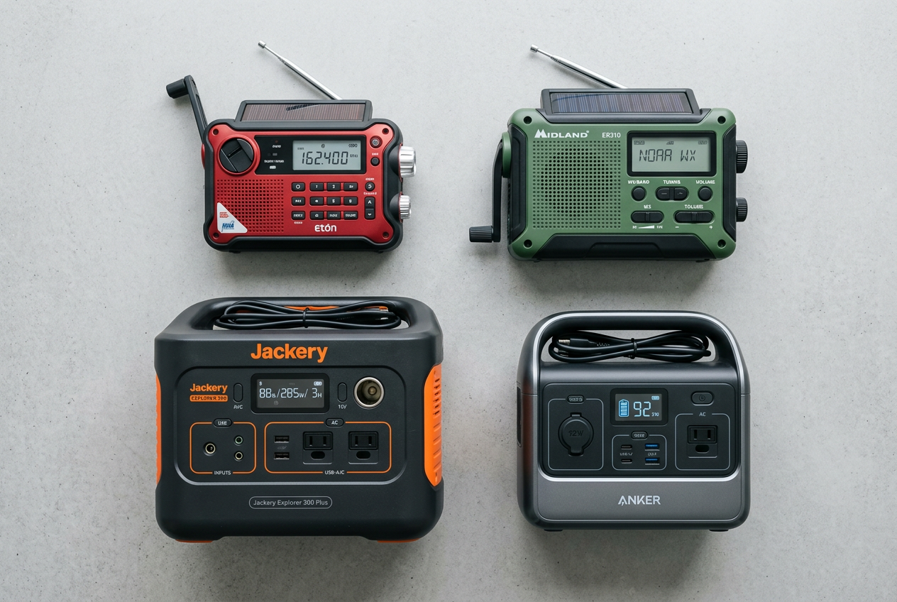 Flat-lay of weather radios and power stations arranged